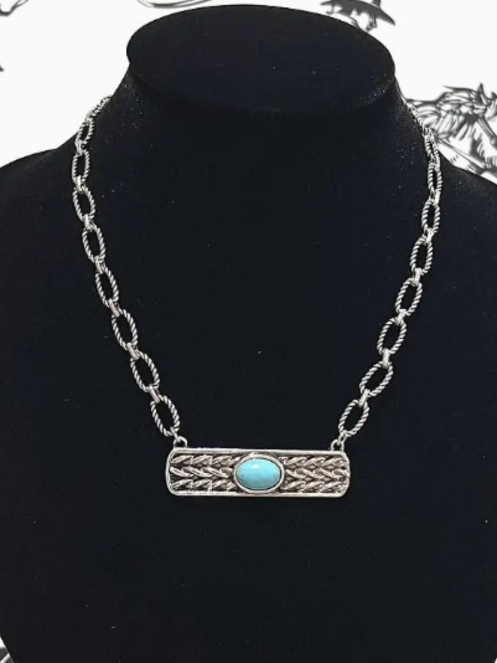 Western Turquoise Semi Stone Engraved Bar Silver Tone Necklace NWT